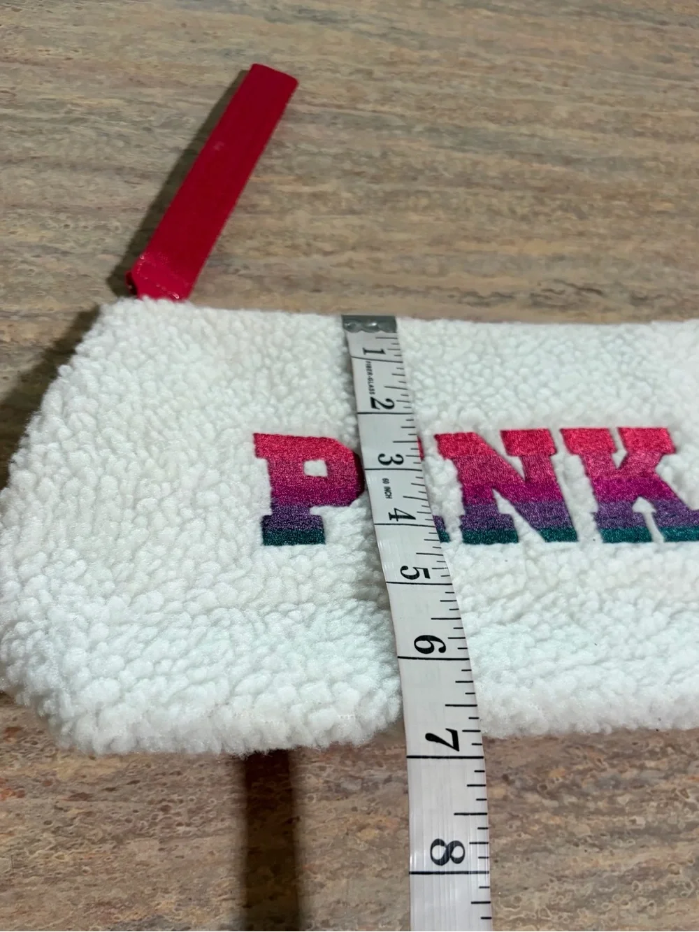 PINK Victoria's Secret Sherpa Zip Pouch in White with Pink-Teal Gradient Logo